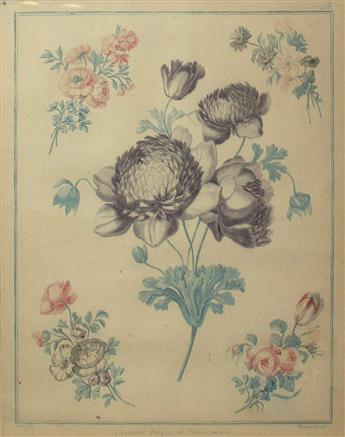 (BOTANICAL.) Bonnet, Louis Marin. Group of 3 color-printed chalk manner and stipple engraved floral bouquets